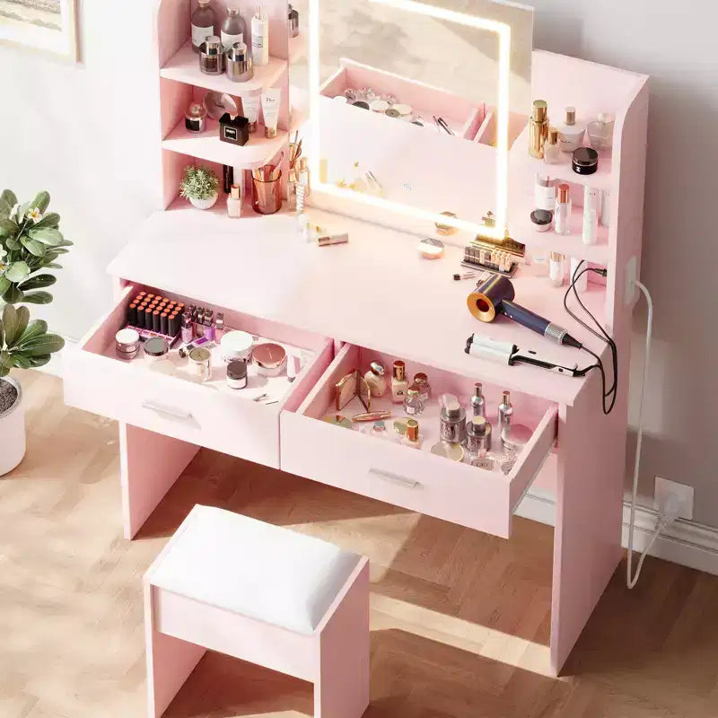 Makeup Vanity Desk with Mirror, Vanity Table and Chair Set with 2 Storage Drawer 4 Shelves, 3 Lighting Modes, for Living Room, Home