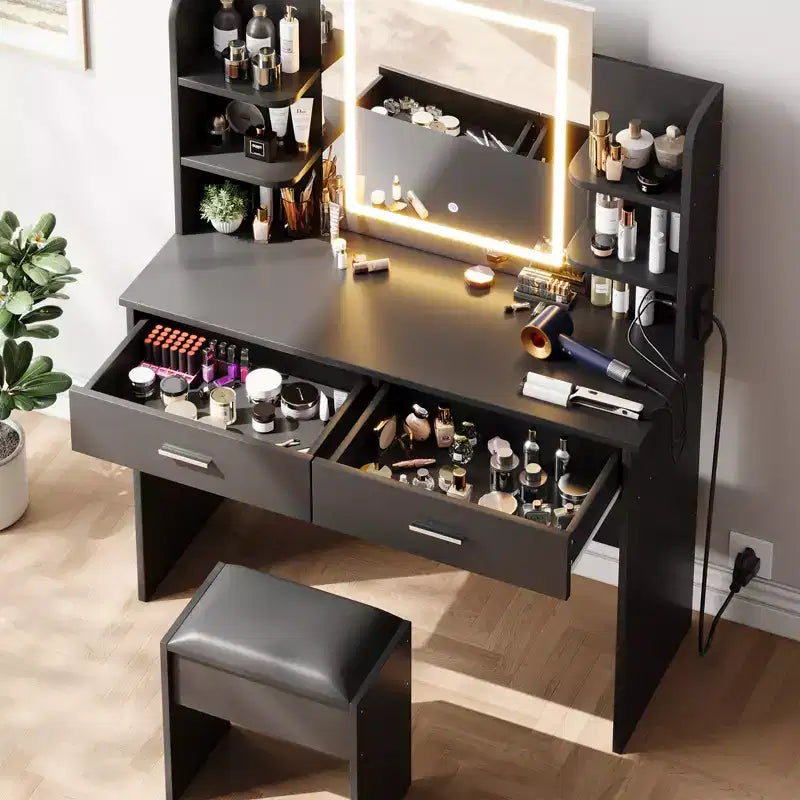 Makeup Vanity Desk with Mirror, Vanity Table and Chair Set with 2 Storage Drawer 4 Shelves, 3 Lighting Modes, for Living Room, Home