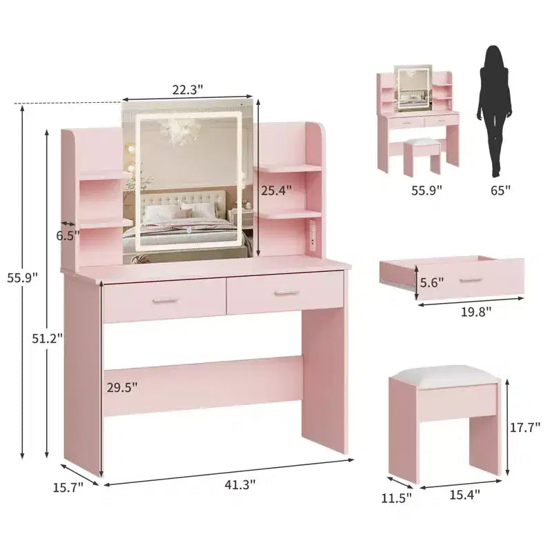 Makeup Vanity Desk with Mirror, Vanity Table and Chair Set with 2 Storage Drawer 4 Shelves, 3 Lighting Modes, for Living Room, Home