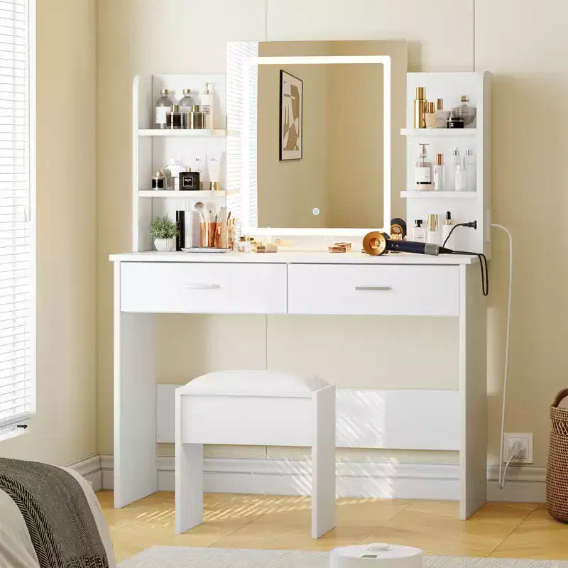 Makeup Vanity Desk with Mirror, Vanity Table and Chair Set with 2 Storage Drawer 4 Shelves, 3 Lighting Modes, for Living Room, Home