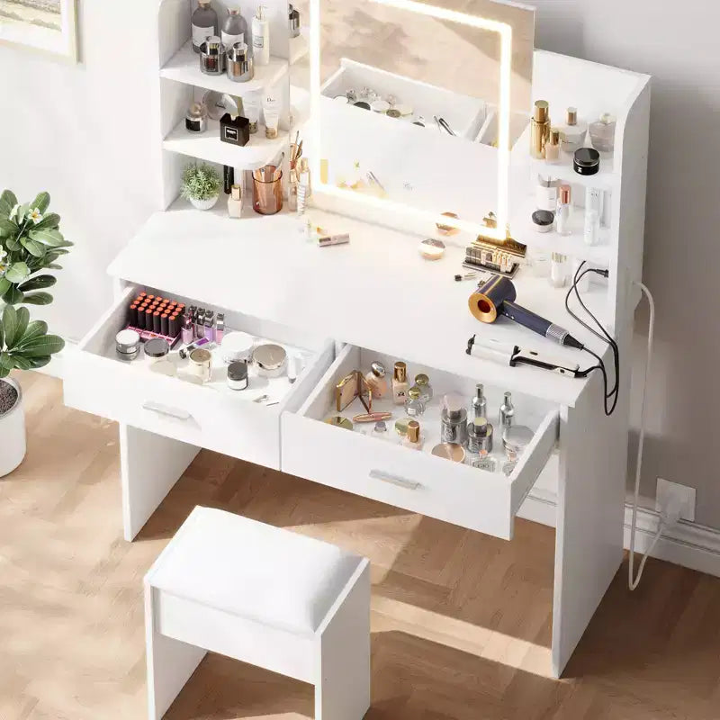 Makeup Vanity Desk with Mirror, Vanity Table and Chair Set with 2 Storage Drawer 4 Shelves, 3 Lighting Modes, for Living Room, Home