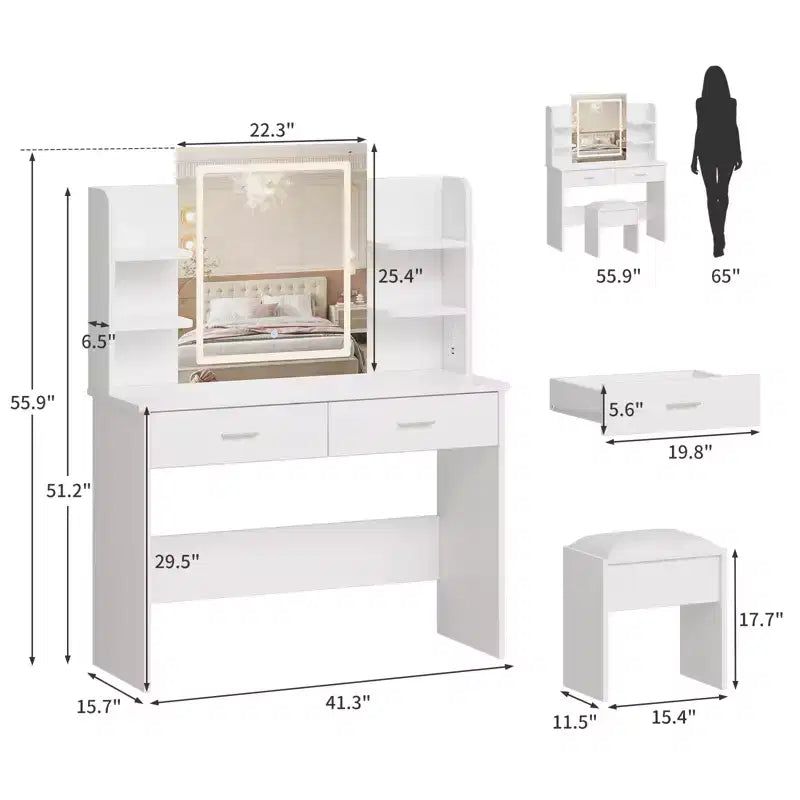 Makeup Vanity Desk with Mirror, Vanity Table and Chair Set with 2 Storage Drawer 4 Shelves, 3 Lighting Modes, for Living Room, Home