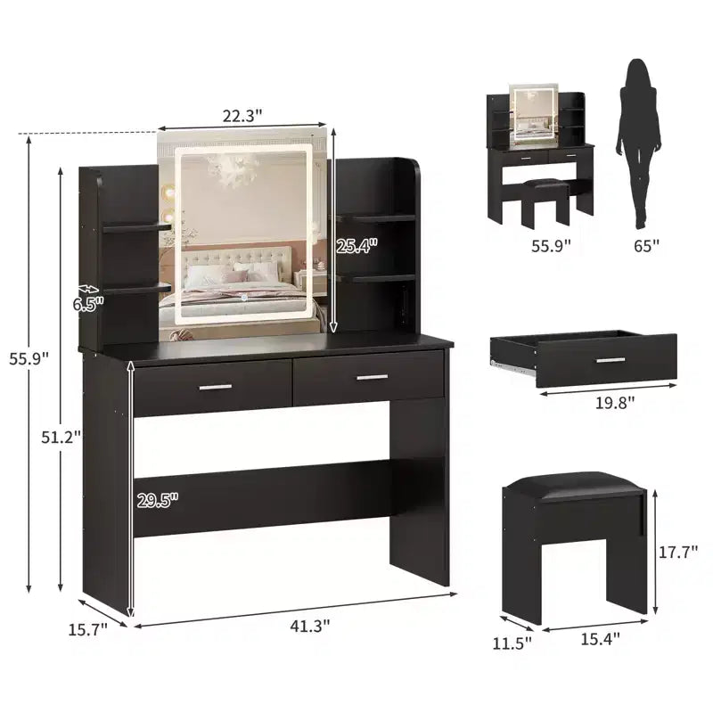 Makeup Vanity Desk with Mirror, Vanity Table and Chair Set with 2 Storage Drawer 4 Shelves, 3 Lighting Modes, for Living Room, Home