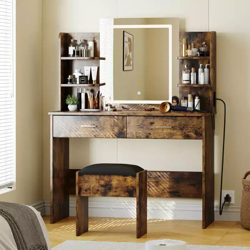 Makeup Vanity Desk with Mirror, Vanity Table and Chair Set with 2 Storage Drawer 4 Shelves, 3 Lighting Modes, for Living Room, Home