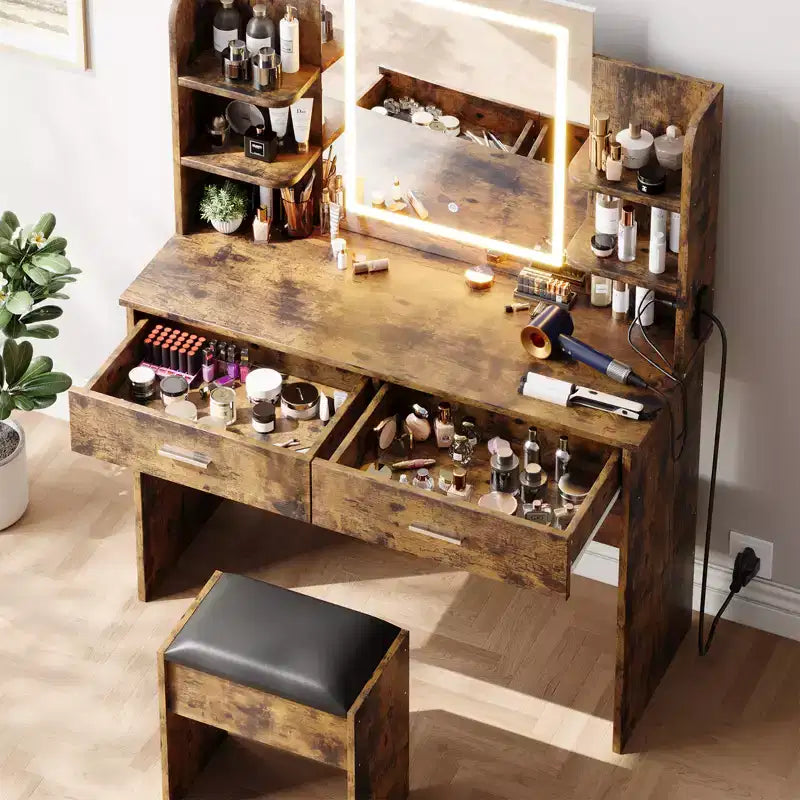 Makeup Vanity Desk with Mirror, Vanity Table and Chair Set with 2 Storage Drawer 4 Shelves, 3 Lighting Modes, for Living Room, Home