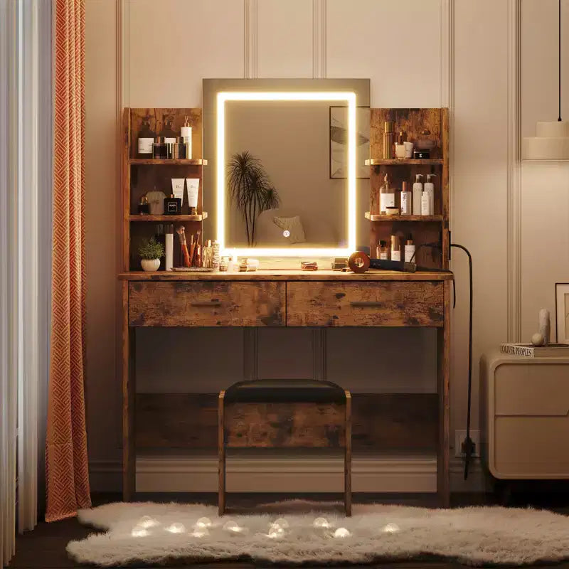 Makeup Vanity Desk with Mirror, Vanity Table and Chair Set with 2 Storage Drawer 4 Shelves, 3 Lighting Modes, for Living Room, Home