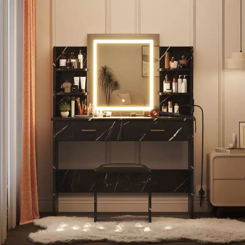 Makeup Vanity Desk with Mirror, Vanity Table and Chair Set with 2 Storage Drawer 4 Shelves, 3 Lighting Modes, for Living Room, Home