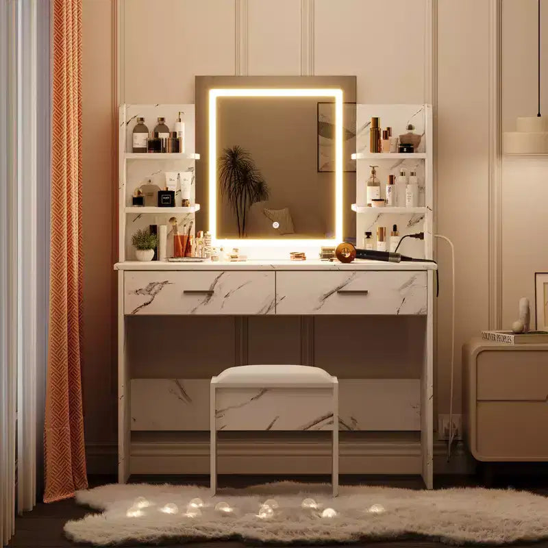 Makeup Vanity Desk with Mirror, Vanity Table and Chair Set with 2 Storage Drawer 4 Shelves, 3 Lighting Modes, for Living Room, Home