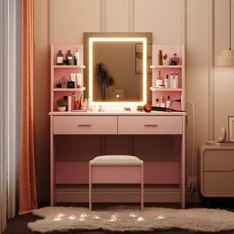 Makeup Vanity Desk with Mirror, Vanity Table and Chair Set with 2 Storage Drawer 4 Shelves, 3 Lighting Modes, for Living Room, Home