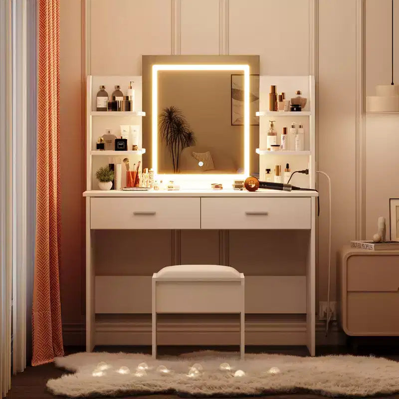 Makeup Vanity Desk with Mirror, Vanity Table and Chair Set with 2 Storage Drawer 4 Shelves, 3 Lighting Modes, for Living Room, Home