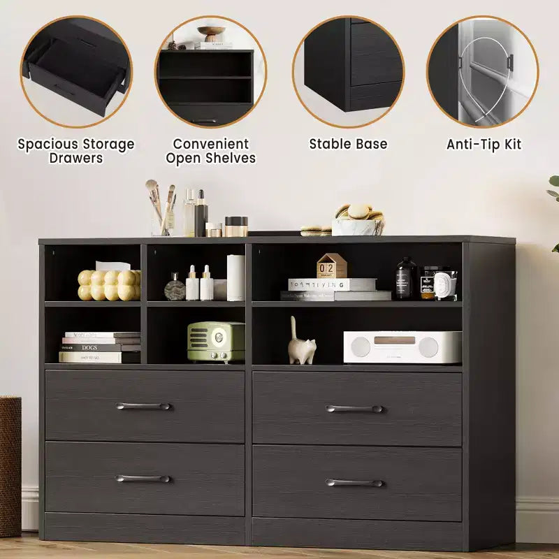 COZONY 4-Drawer Dresser with 6 Storage Cubbies, Modern Multi-Space Organizer for Bedroom & Living Room