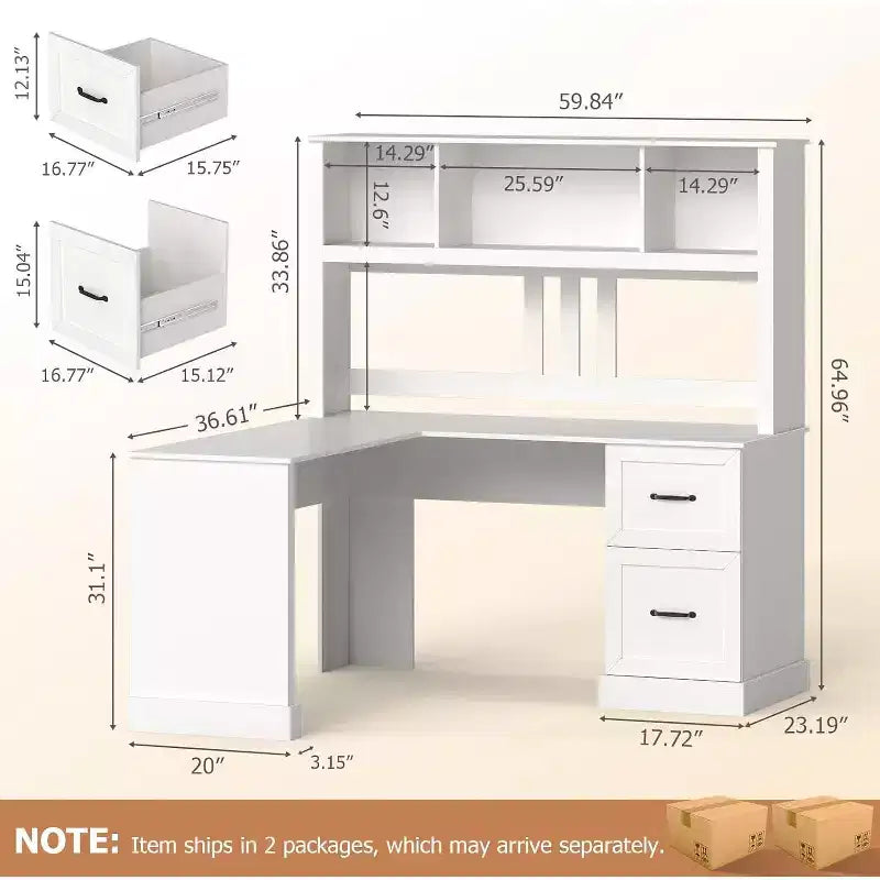 Zevemomo 60 L Shaped Desk with Hutch and Drawers, Corner Computer Desk with Open Storage Shelves,for Home Office or Bedroom, Modern white