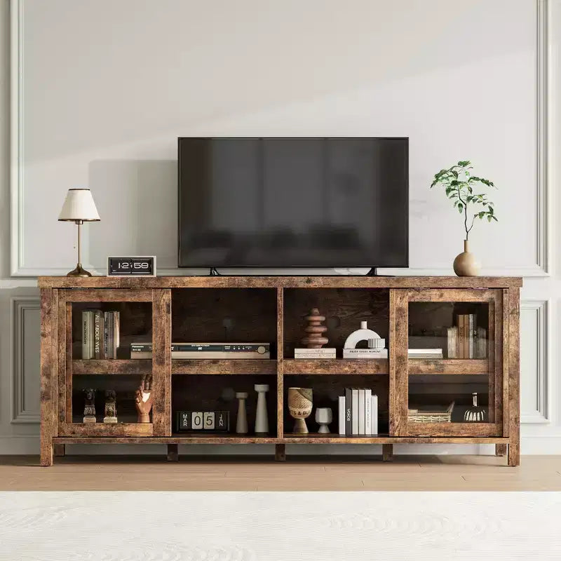 TV Stand for 65 Inch, Entertainment Center with Storage Cabinet and 4 Sliding Glass Doors, Mid Century Modern Media TV Console Table for Living Room