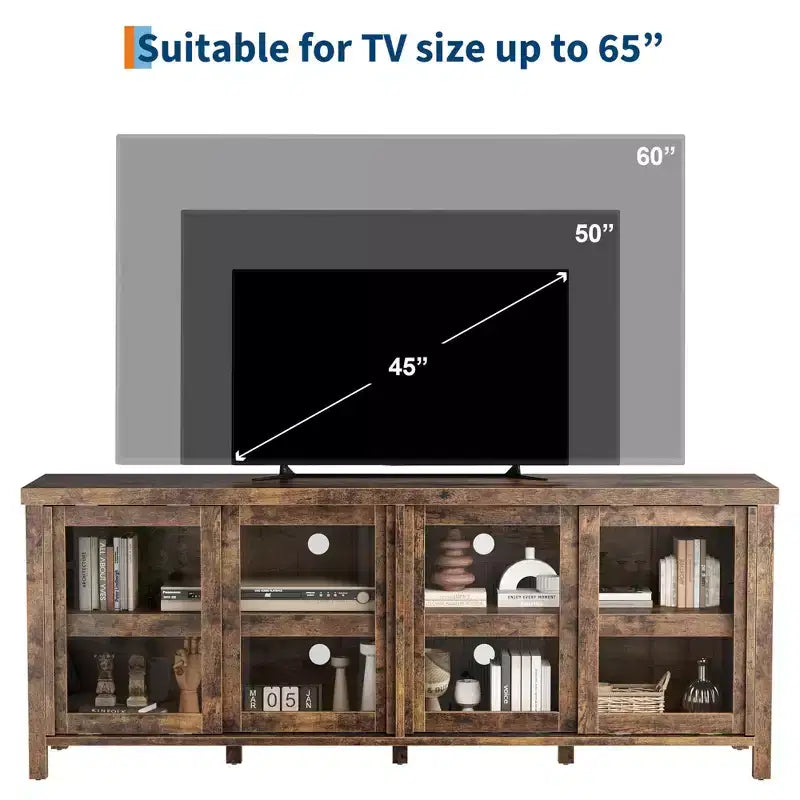 TV Stand for 65 Inch, Entertainment Center with Storage Cabinet and 4 Sliding Glass Doors, Mid Century Modern Media TV Console Table for Living Room
