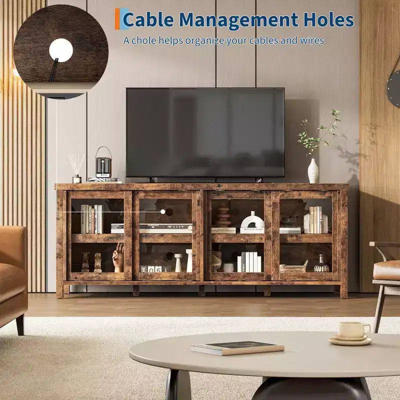 TV Stand for 65 Inch, Entertainment Center with Storage Cabinet and 4 Sliding Glass Doors, Mid Century Modern Media TV Console Table for Living Room