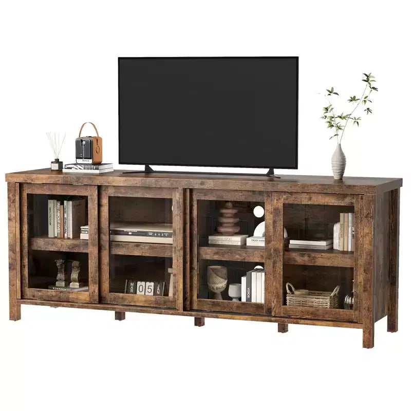 TV Stand for 65 Inch, Entertainment Center with Storage Cabinet and 4 Sliding Glass Doors, Mid Century Modern Media TV Console Table for Living Room