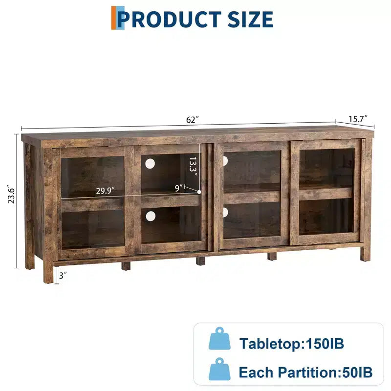 TV Stand for 65 Inch, Entertainment Center with Storage Cabinet and 4 Sliding Glass Doors, Mid Century Modern Media TV Console Table for Living Room