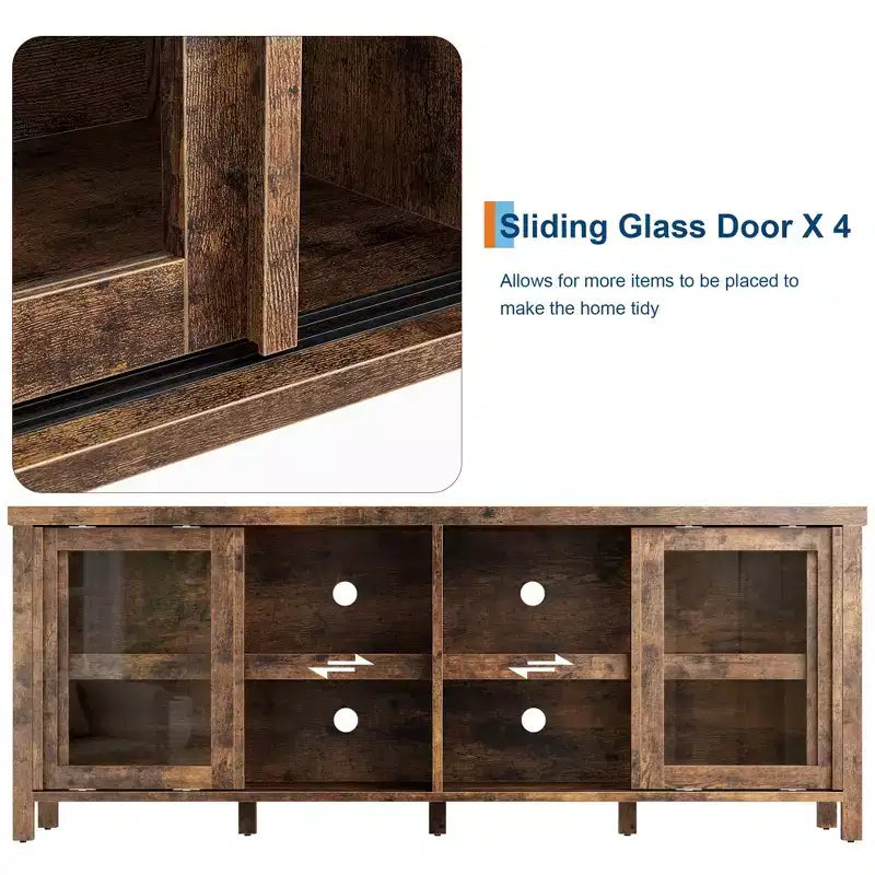 TV Stand for 65 Inch, Entertainment Center with Storage Cabinet and 4 Sliding Glass Doors, Mid Century Modern Media TV Console Table for Living Room