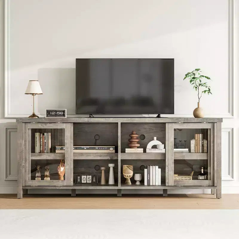 TV Stand for 65 Inch, Entertainment Center with Storage Cabinet and 4 Sliding Glass Doors, Mid Century Modern Media TV Console Table for Living Room