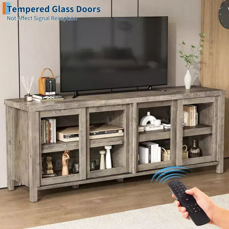 TV Stand for 65 Inch, Entertainment Center with Storage Cabinet and 4 Sliding Glass Doors, Mid Century Modern Media TV Console Table for Living Room