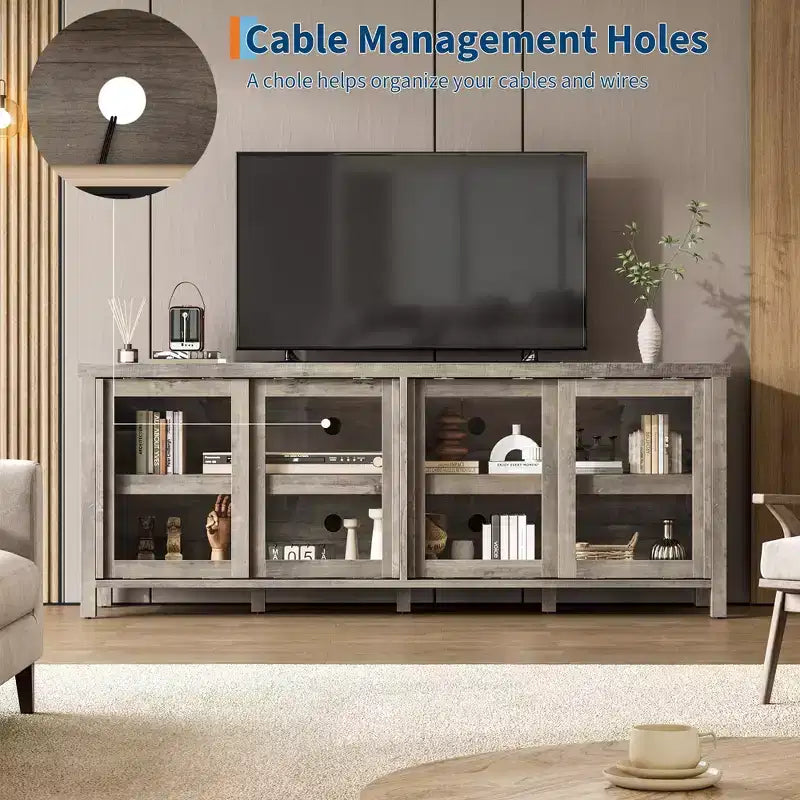TV Stand for 65 Inch, Entertainment Center with Storage Cabinet and 4 Sliding Glass Doors, Mid Century Modern Media TV Console Table for Living Room