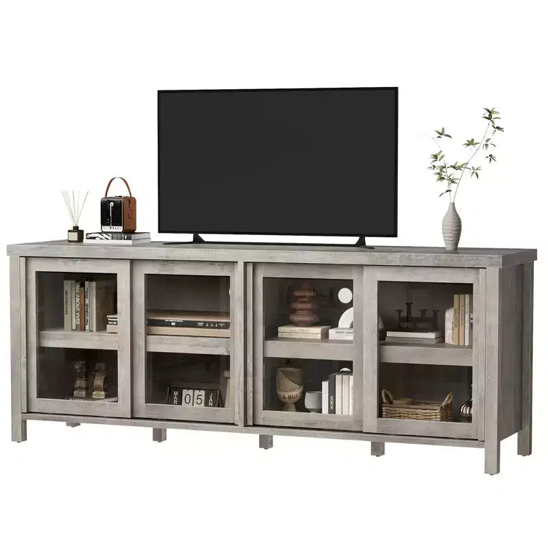 TV Stand for 65 Inch, Entertainment Center with Storage Cabinet and 4 Sliding Glass Doors, Mid Century Modern Media TV Console Table for Living Room