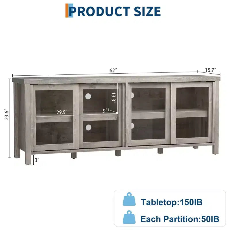 TV Stand for 65 Inch, Entertainment Center with Storage Cabinet and 4 Sliding Glass Doors, Mid Century Modern Media TV Console Table for Living Room