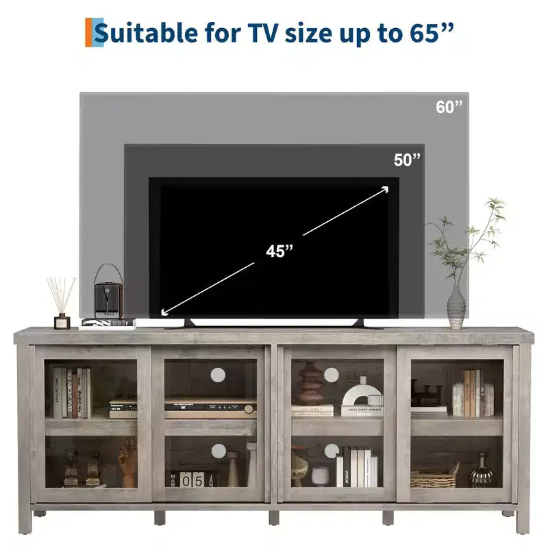 TV Stand for 65 Inch, Entertainment Center with Storage Cabinet and 4 Sliding Glass Doors, Mid Century Modern Media TV Console Table for Living Room