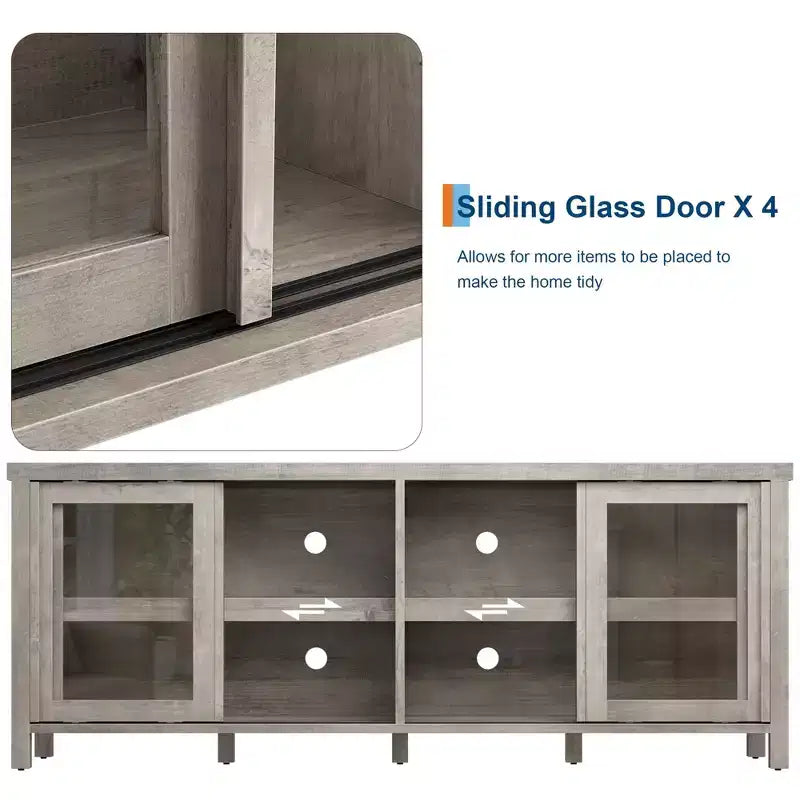 TV Stand for 65 Inch, Entertainment Center with Storage Cabinet and 4 Sliding Glass Doors, Mid Century Modern Media TV Console Table for Living Room