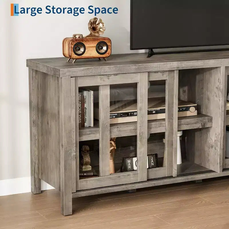 TV Stand for 65 Inch, Entertainment Center with Storage Cabinet and 4 Sliding Glass Doors, Mid Century Modern Media TV Console Table for Living Room