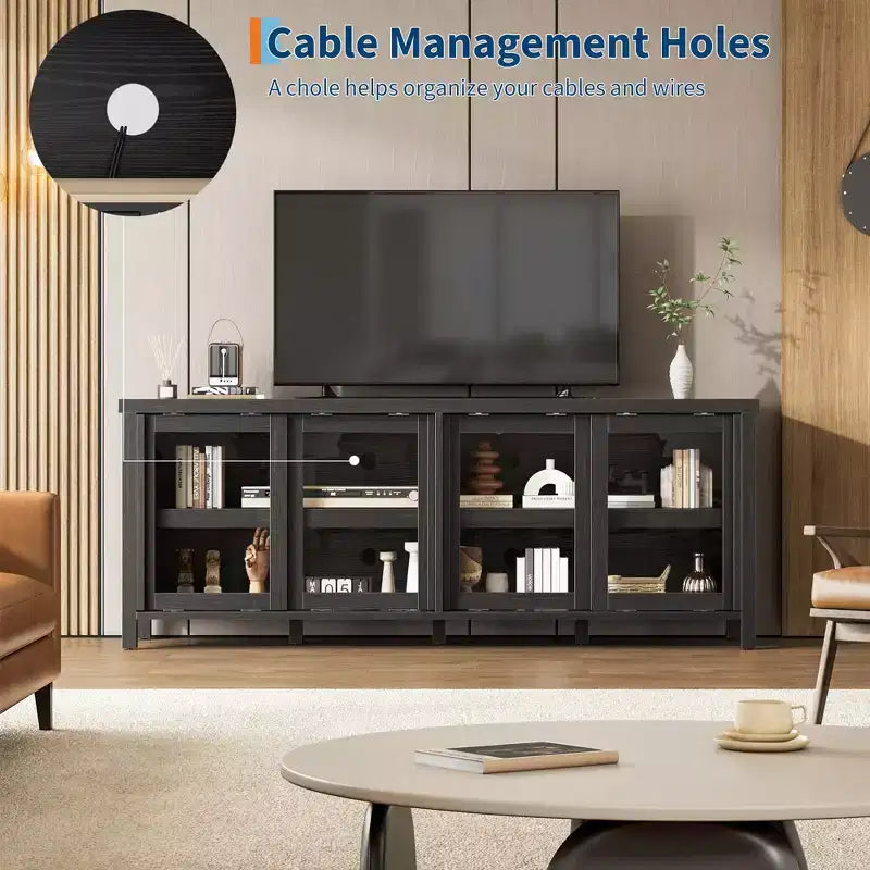 TV Stand for 65 Inch, Entertainment Center with Storage Cabinet and 4 Sliding Glass Doors, Mid Century Modern Media TV Console Table for Living Room