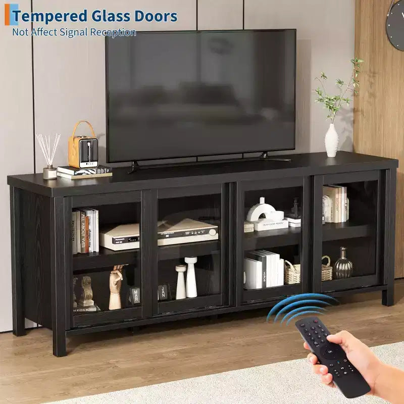 TV Stand for 65 Inch, Entertainment Center with Storage Cabinet and 4 Sliding Glass Doors, Mid Century Modern Media TV Console Table for Living Room