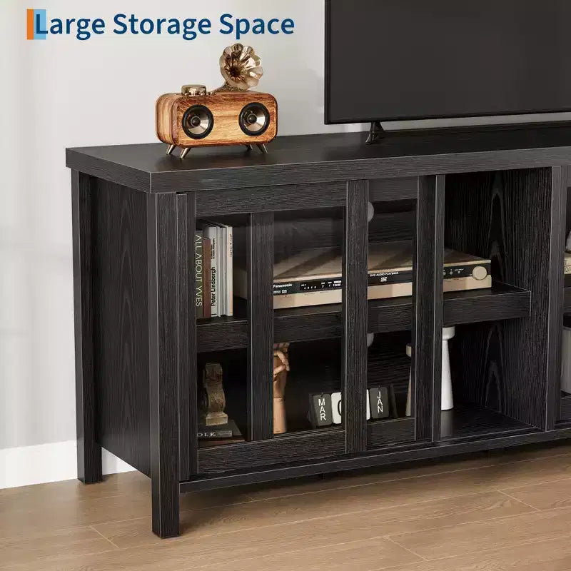 TV Stand for 65 Inch, Entertainment Center with Storage Cabinet and 4 Sliding Glass Doors, Mid Century Modern Media TV Console Table for Living Room