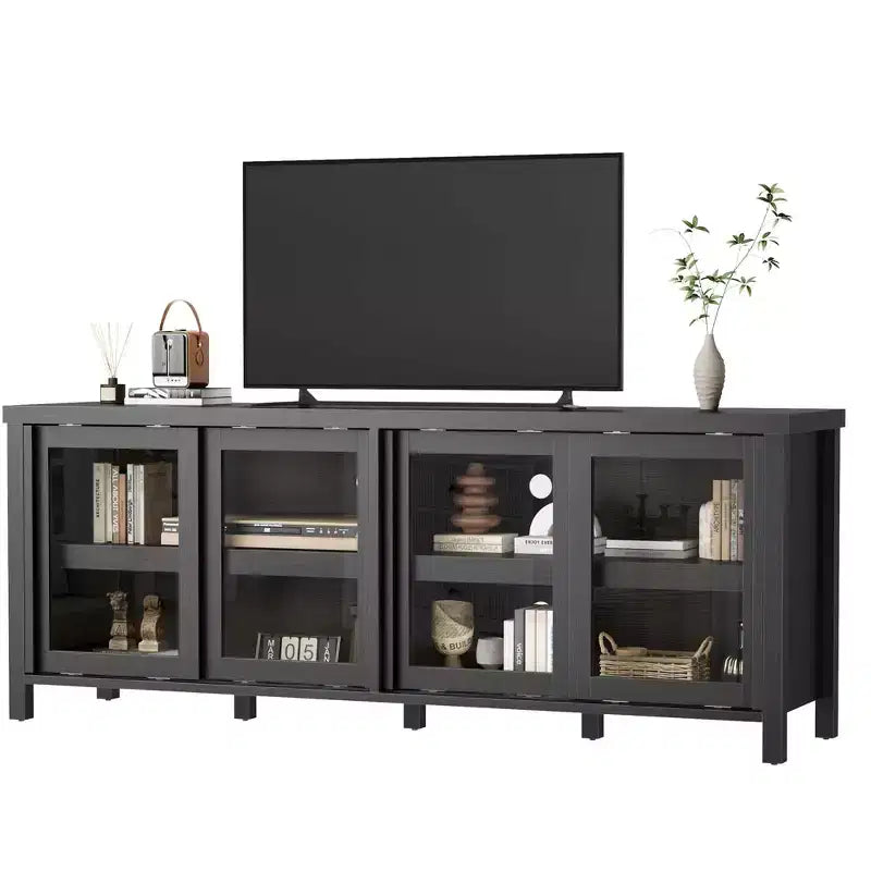 TV Stand for 65 Inch, Entertainment Center with Storage Cabinet and 4 Sliding Glass Doors, Mid Century Modern Media TV Console Table for Living Room