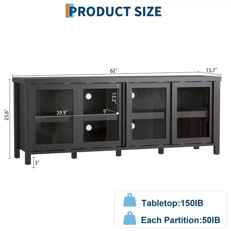 TV Stand for 65 Inch, Entertainment Center with Storage Cabinet and 4 Sliding Glass Doors, Mid Century Modern Media TV Console Table for Living Room