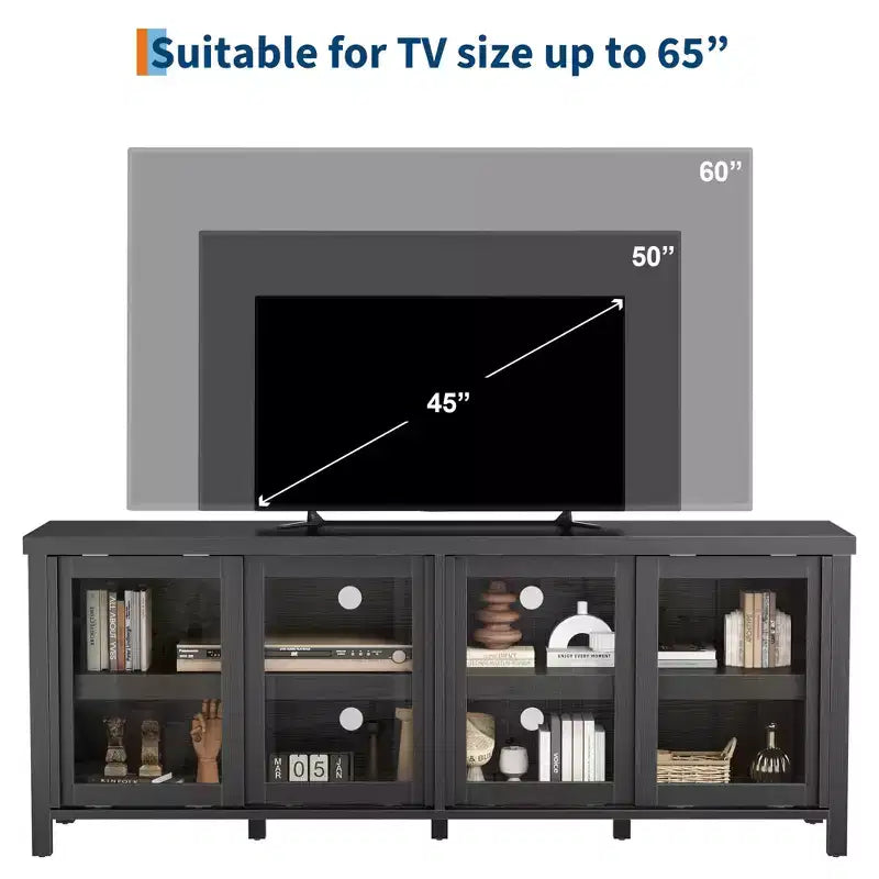 TV Stand for 65 Inch, Entertainment Center with Storage Cabinet and 4 Sliding Glass Doors, Mid Century Modern Media TV Console Table for Living Room