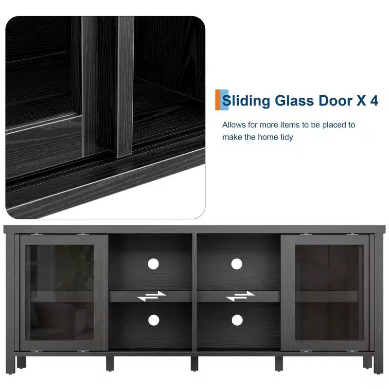 TV Stand for 65 Inch, Entertainment Center with Storage Cabinet and 4 Sliding Glass Doors, Mid Century Modern Media TV Console Table for Living Room