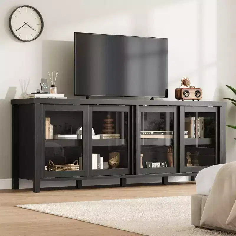 TV Stand for 65 Inch, Entertainment Center with Storage Cabinet and 4 Sliding Glass Doors, Mid Century Modern Media TV Console Table for Living Room