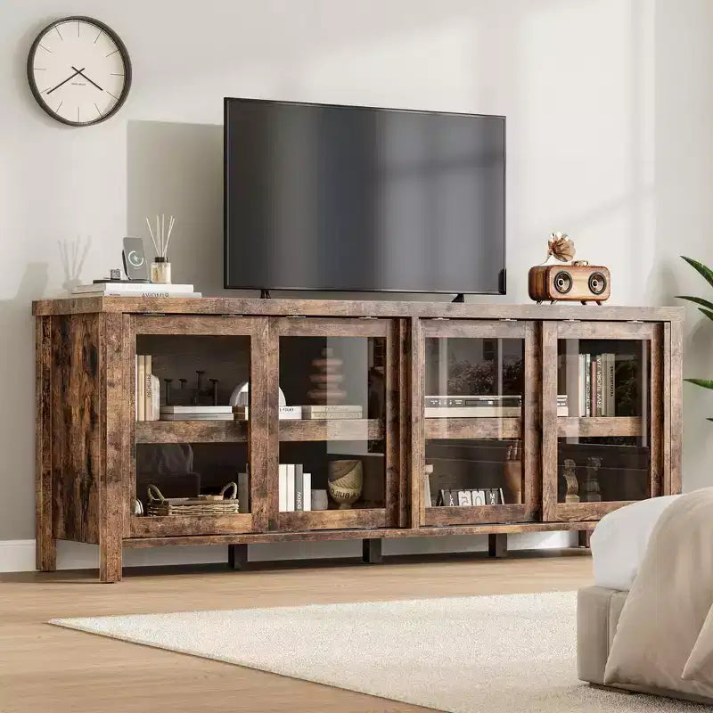 TV Stand for 65 Inch, Entertainment Center with Storage Cabinet and 4 Sliding Glass Doors, Mid Century Modern Media TV Console Table for Living Room
