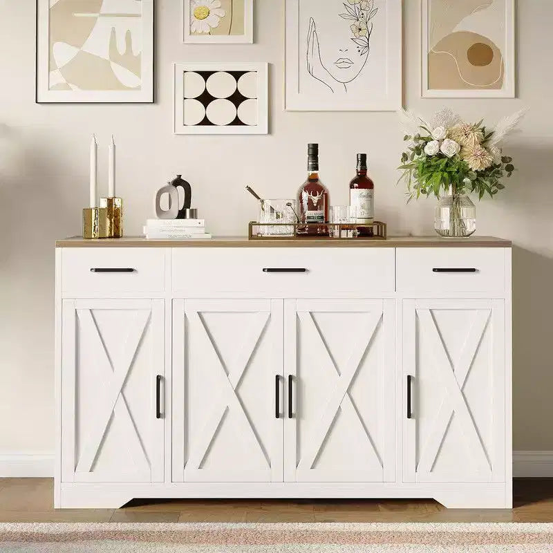 Coolmee Buffet Cabinet with Drawers, 55 inch Wood Coffee Bar Large Sideboard Buffet Storage Cabinet with Shelves and Doors for Kitchen Dining Room