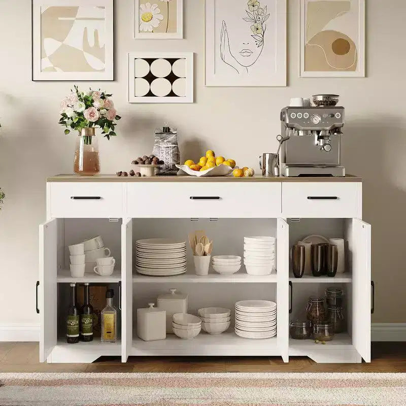 Coolmee Buffet Cabinet with Drawers, 55 inch Wood Coffee Bar Large Sideboard Buffet Storage Cabinet with Shelves and Doors for Kitchen Dining Room