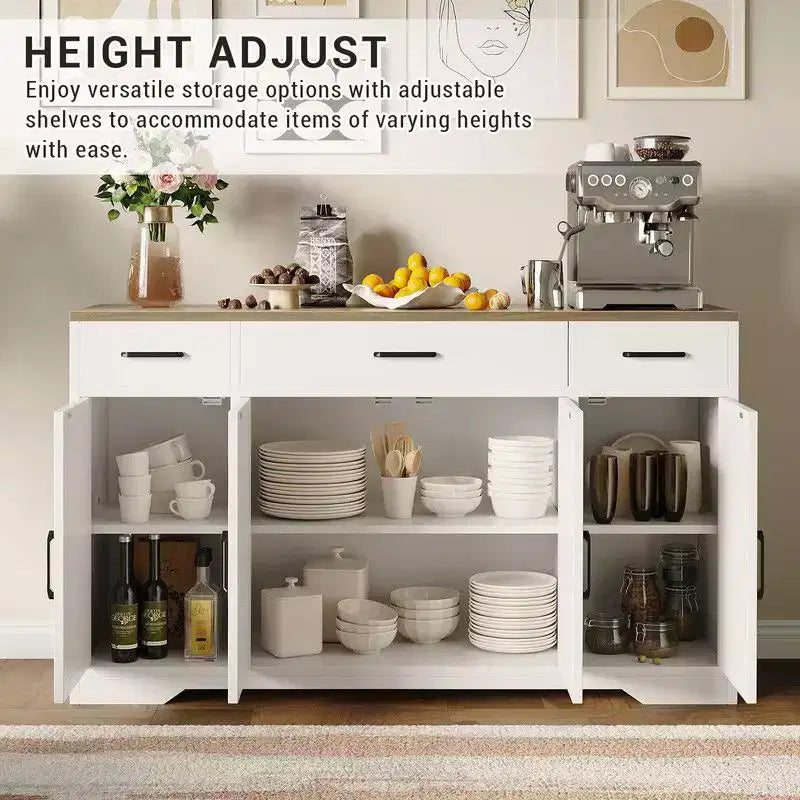 Coolmee Buffet Cabinet with Drawers, 55 inch Wood Coffee Bar Large Sideboard Buffet Storage Cabinet with Shelves and Doors for Kitchen Dining Room