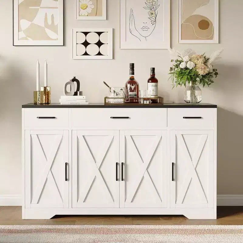 Coolmee Buffet Cabinet with Drawers, 55 inch Wood Coffee Bar Large Sideboard Buffet Storage Cabinet with Shelves and Doors for Kitchen Dining Room