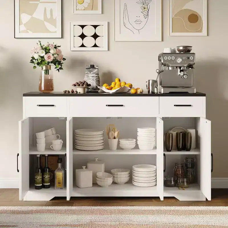 Coolmee Buffet Cabinet with Drawers, 55 inch Wood Coffee Bar Large Sideboard Buffet Storage Cabinet with Shelves and Doors for Kitchen Dining Room