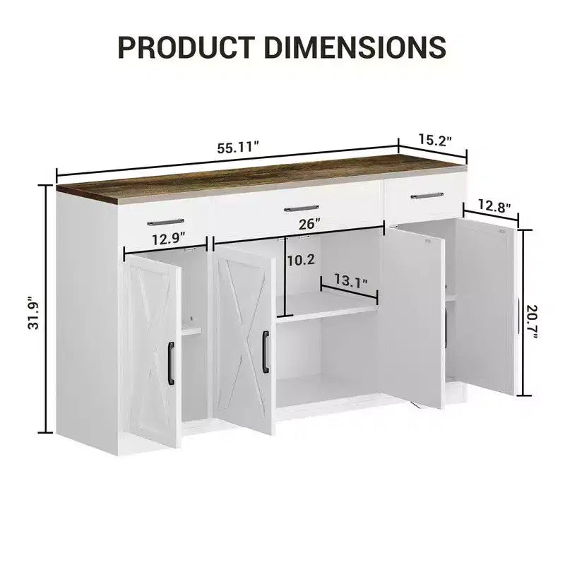 Coolmee Buffet Cabinet with Drawers, 55 inch Wood Coffee Bar Large Sideboard Buffet Storage Cabinet with Shelves and Doors for Kitchen Dining Room