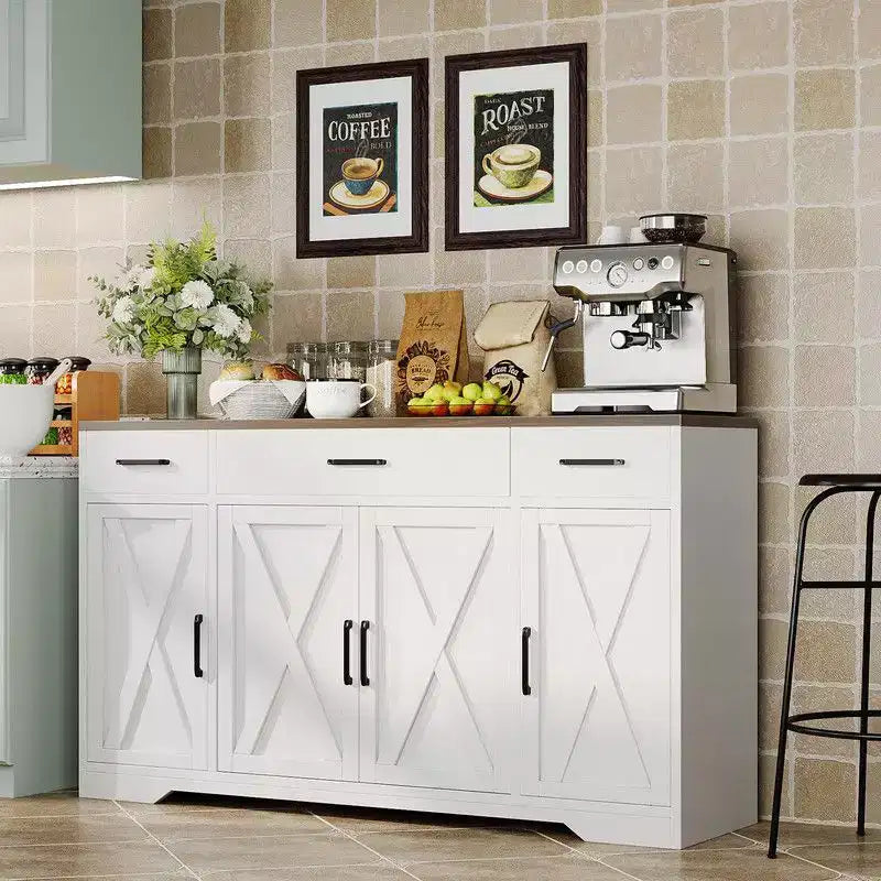 Coolmee Buffet Cabinet with Drawers, 55 inch Wood Coffee Bar Large Sideboard Buffet Storage Cabinet with Shelves and Doors for Kitchen Dining Room