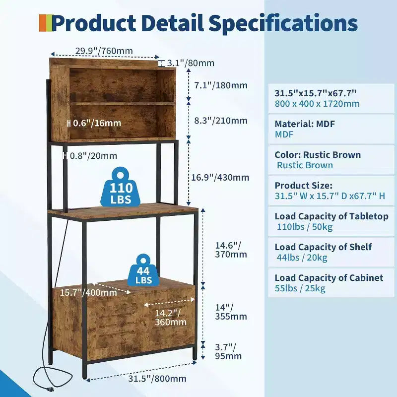 Rustic Industrial Kitchen Cart with Wood Shelves and Storage Cabinet, Multifunctional Appliance Organizer for Small Spaces
