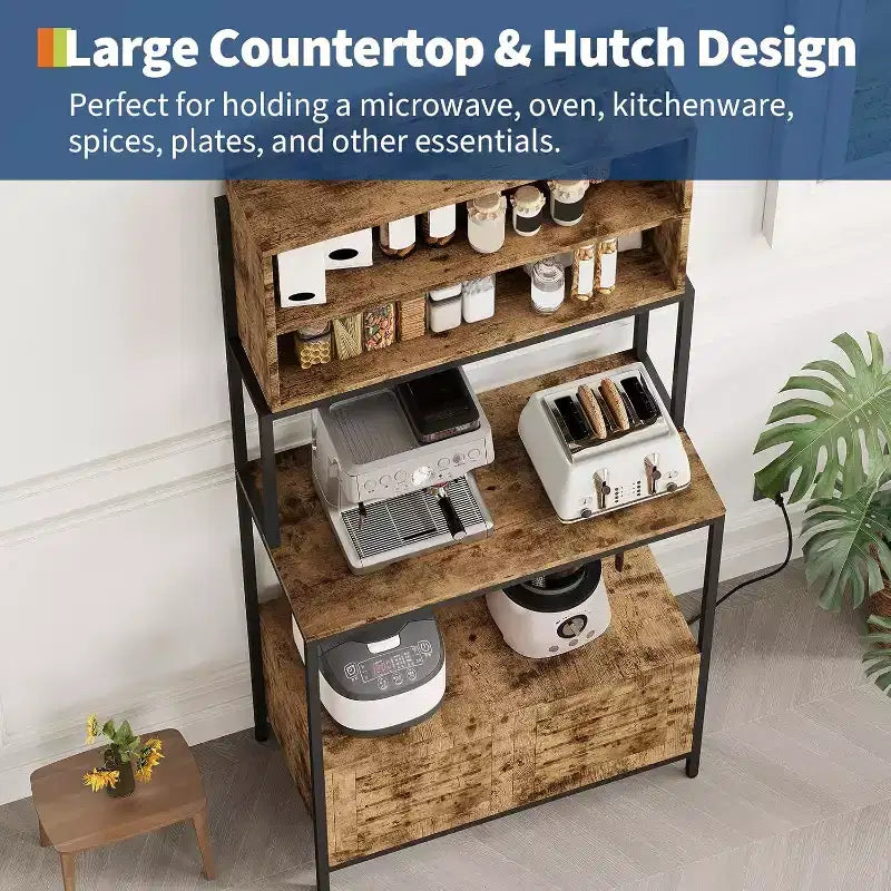 Rustic Industrial Kitchen Cart with Wood Shelves and Storage Cabinet, Multifunctional Appliance Organizer for Small Spaces