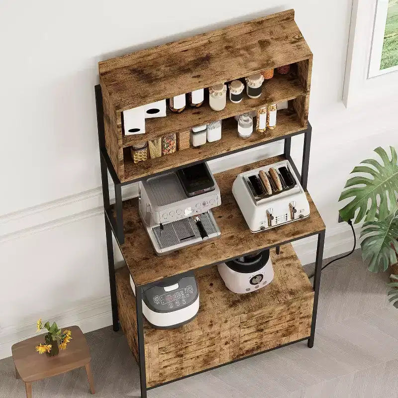 Rustic Industrial Kitchen Cart with Wood Shelves and Storage Cabinet, Multifunctional Appliance Organizer for Small Spaces