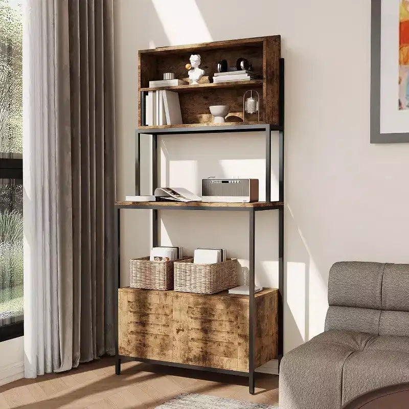 Rustic Industrial Kitchen Cart with Wood Shelves and Storage Cabinet, Multifunctional Appliance Organizer for Small Spaces